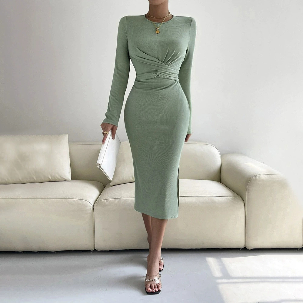 ZARA Round Neck Fitted Bodycon Midi Long Sleeve Dress